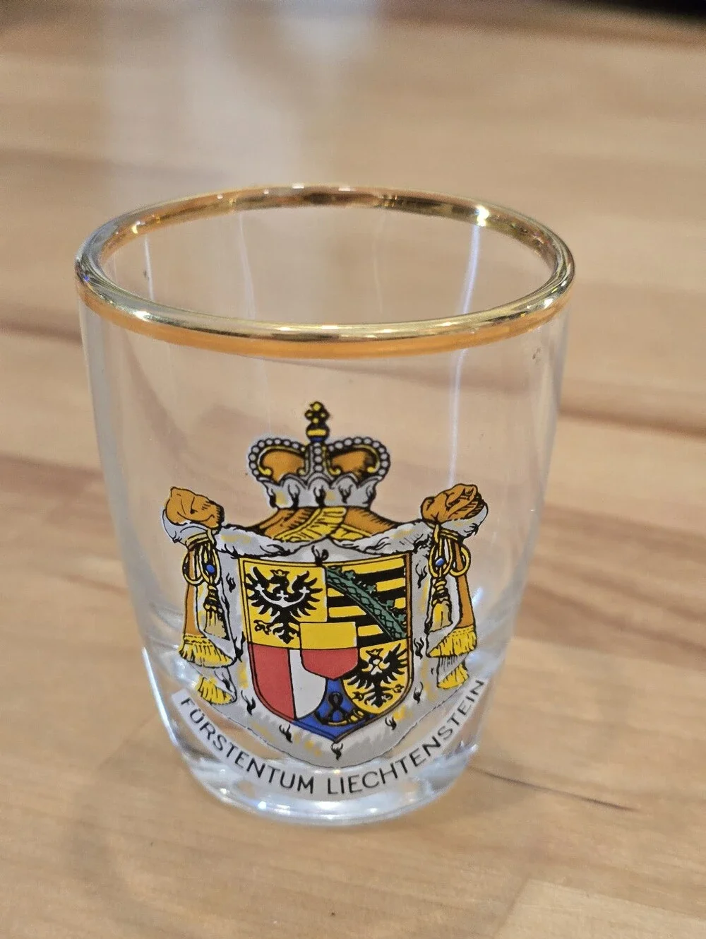 Vintage Liechtenstein Crest Gold-Rim Souvenir Shot Glass With Molded Alpine Base